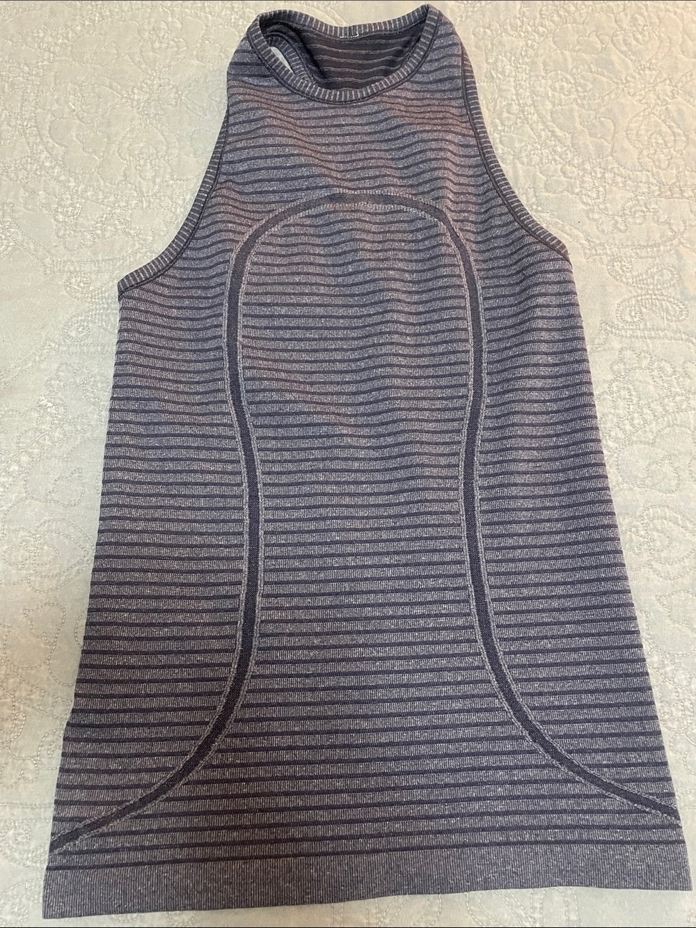 Lululemon High Neck Heathered Gray/Puprple Striped Knit Tank